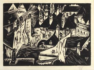 Otto Rudolf Schatz, Dächer, 1922, Holzschnitt auf Papier, 35 × 51 cm, Sammlung Inge und Erich F ...