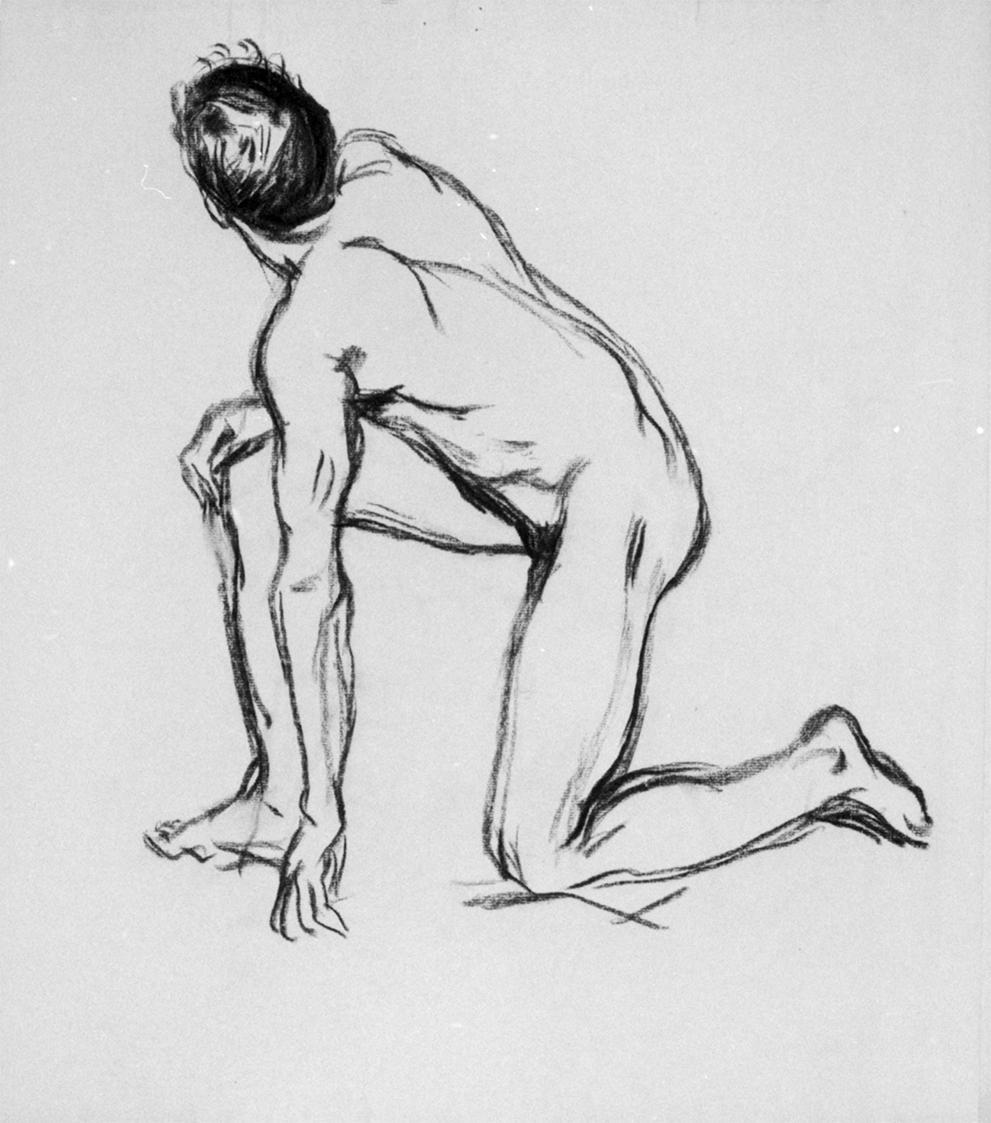 Alfred Wickenburg, Männlicher Akt, ein Bein abgewinkelt, 1909/1911, Kohle auf Papier, 48 × 43 c ...
