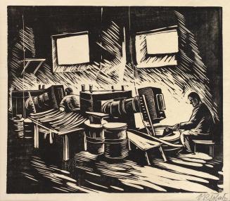 Otto Rudolf Schatz, Sensenschmiede, um 1931, Holzschnitt auf Papier, 41,8 × 54 cm, Sammlung Ing ...