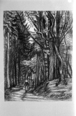 Alfred Wickenburg, Waldweg mit zwei Wanderern, 1934, Rötel auf Papier, 62 × 48 cm, Verbleib unb ...
