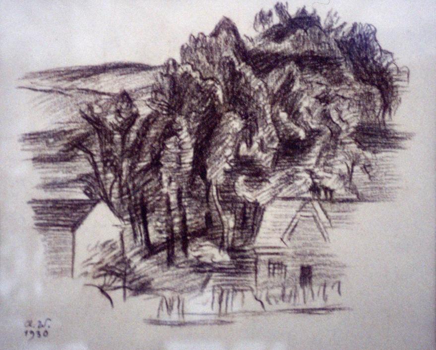 Alfred Wickenburg, Waldstück in der Umgebung von Graz, 1930, Braune Kreide auf Papier, 24 × 30  ...