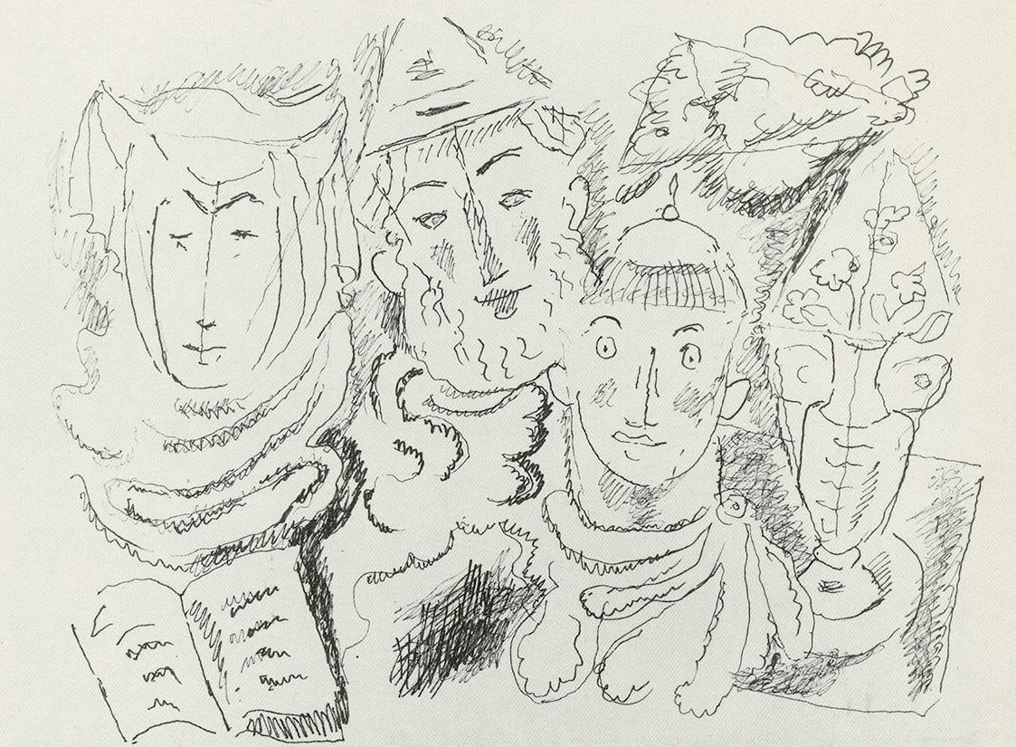 Alfred Wickenburg, Komödianten, 1974, Schwarzer Filtzstift auf Papier, Verbleib unbekannt