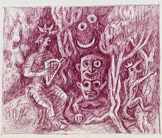 Alfred Wickenburg, Figuren im Wald, um 1960, Farbstift auf Papier, Lichte Maße: 37 × 43 cm, Ver ...