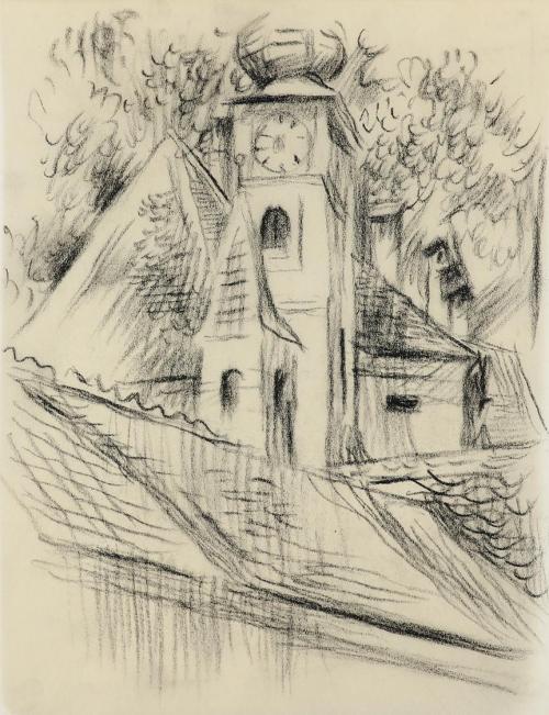 Alfred Wickenburg, Kirchturm, um 1940, Kohle auf Papier, Blattmaße: 19,5 × 15 cm, Privatbesitz