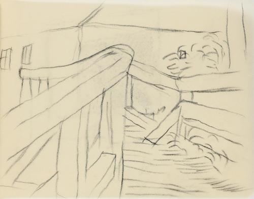 Alfred Wickenburg, Geländer und Dachlandschaft, um 1940, Kohle auf Papier, Blattmaße: 15 × 19,5 ...