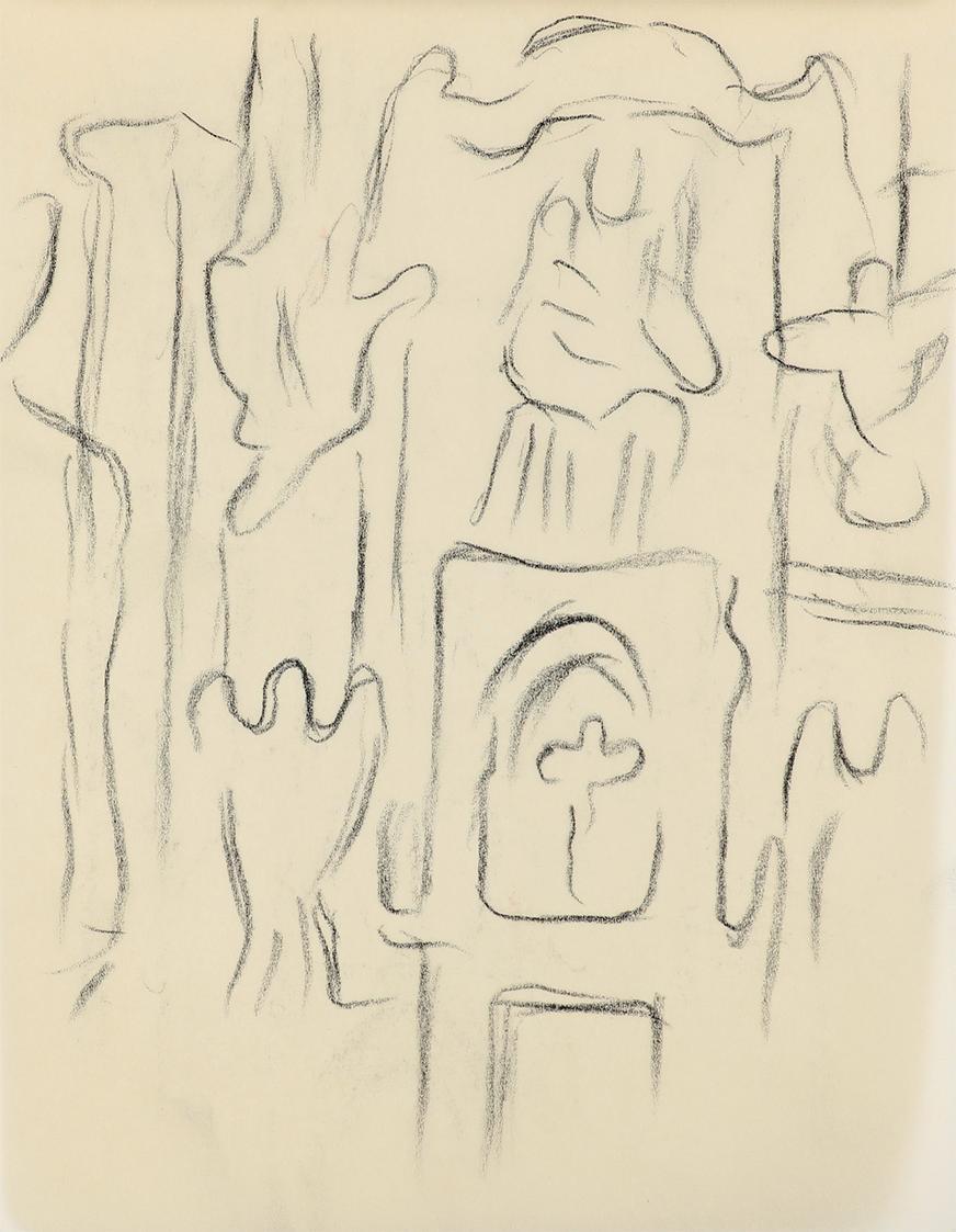 Alfred Wickenburg, Kircheninneres, um 1940, Kohle auf Papier, Blattmaße: 19,5 × 15 cm, Privatbe ...