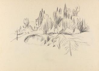Alfred Wickenburg, Haus und Brücke in einer Baumlandschaft, um 1955, Kohle auf Papier, Blattmaß ...