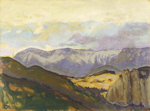 Koloman Moser, Blick auf die Rax von der Villa Mautner v. Markhof im Winter, um 1913, Öl auf Le ...