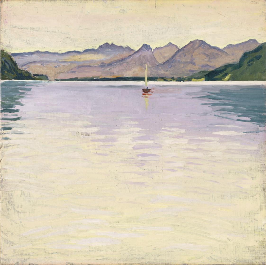 Koloman Moser, Blick über den Wolfgangsee mit Segelboot, 1913, Öl auf Leinwand; Leinwand dublie ...