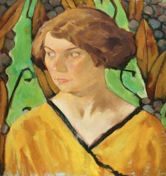 Koloman Moser, Frauenbildnis in gelbem Kleid, um 1909, Öl auf Leinwand, 50 × 46,5 cm, Privatbes ...