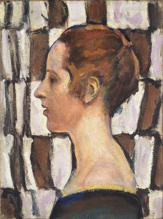 Koloman Moser, Weibliches Porträt im Profil vor kariertem Hintergrund, um 1912, Öl auf Leinwand ...