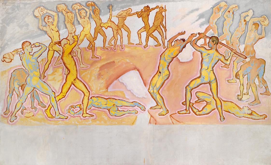 Koloman Moser, Kampf der Titanen II, um 1914, Öl auf Leinwand, 130,5 × 213,5 cm, Verbleib unbek ...