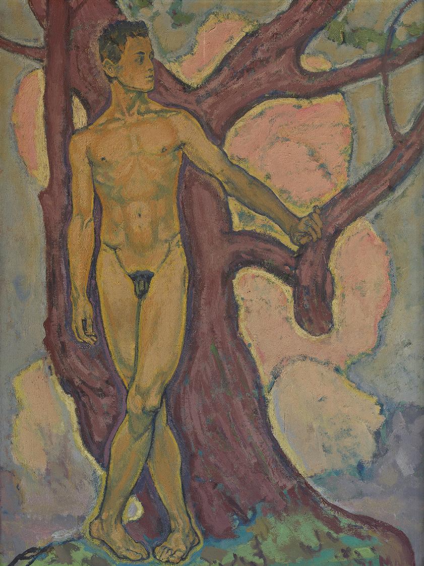 Koloman Moser, Stehender Jünglingsakt an Baum gelehnt, um 1914, Öl auf Leinwand, 100 x 74,5 cm, ...