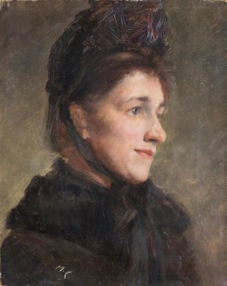 Koloman Moser, Frauenporträt mit schwarzer Kopfbedeckung im Dreiviertelprofil, um 1891, Öl auf  ...