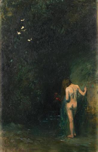 Koloman Moser, Weiblicher Rückenakt an der Quelle, um 1895, Öl auf Holz, 52,7 x 33,7 cm, Privat ...