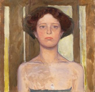 Koloman Moser, Mädchenporträt mit Halskette vor gestreiftem Hintergrund, um 1910, Öl auf Leinwa ...