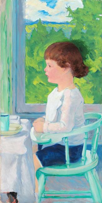 Koloman Moser, Der ältere Sohn des Künstlers am Tisch sitzend, 1909, Öl auf Leinwand, 100 x 50  ...