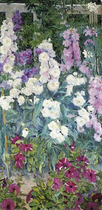 Koloman Moser, Gartenstück mit Malven, Petunien und Lilien, um 1909, Öl auf Leinwand, 110,5 × 5 ...