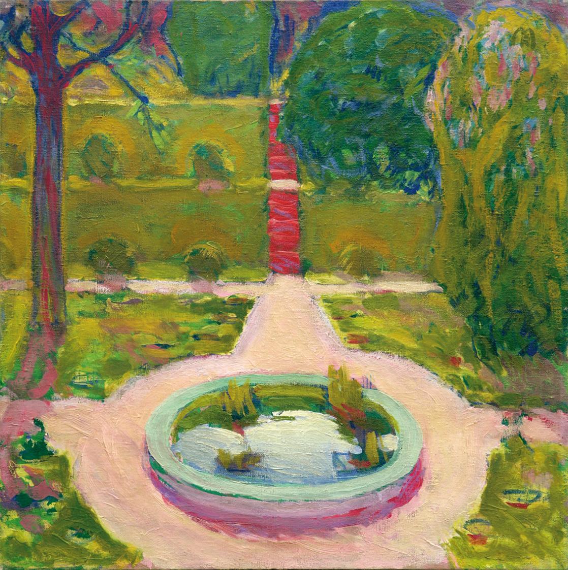 Koloman Moser, Gartenanlage mit Brunnenbecken im Wiener Theresianum, um 1911, Öl auf Leinwand,  ...