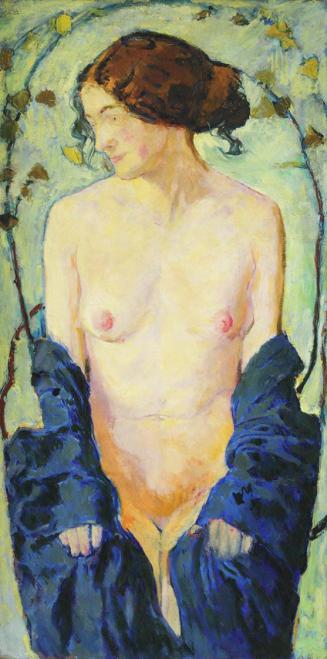 Koloman Moser, Stehender weiblicher Akt mit blauem Tuch I, 1913, Öl auf Leinwand, 100 × 50 cm,  ...
