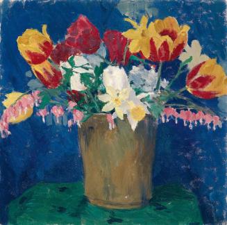 Koloman Moser, Frühlingsblumenstrauß mit Tulpen, Narzissen und tränenden Herzen, um 1910, Öl au ...