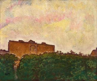 Koloman Moser, Blick über Hecken auf Häuser, um 1912, Öl auf Karton, 28 × 33,6 cm, Privatsammlu ...