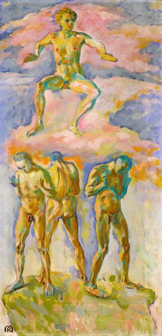 Koloman Moser, Auf Wolken thronender Jünglingsakt über drei stehenden Männerakten, um 1914, Öl  ...