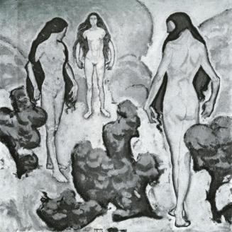 Koloman Moser, Drei weibliche Akte in Landschaft, 1914, Öl auf Leinwand, 75 x 75 cm, Verbleib u ...