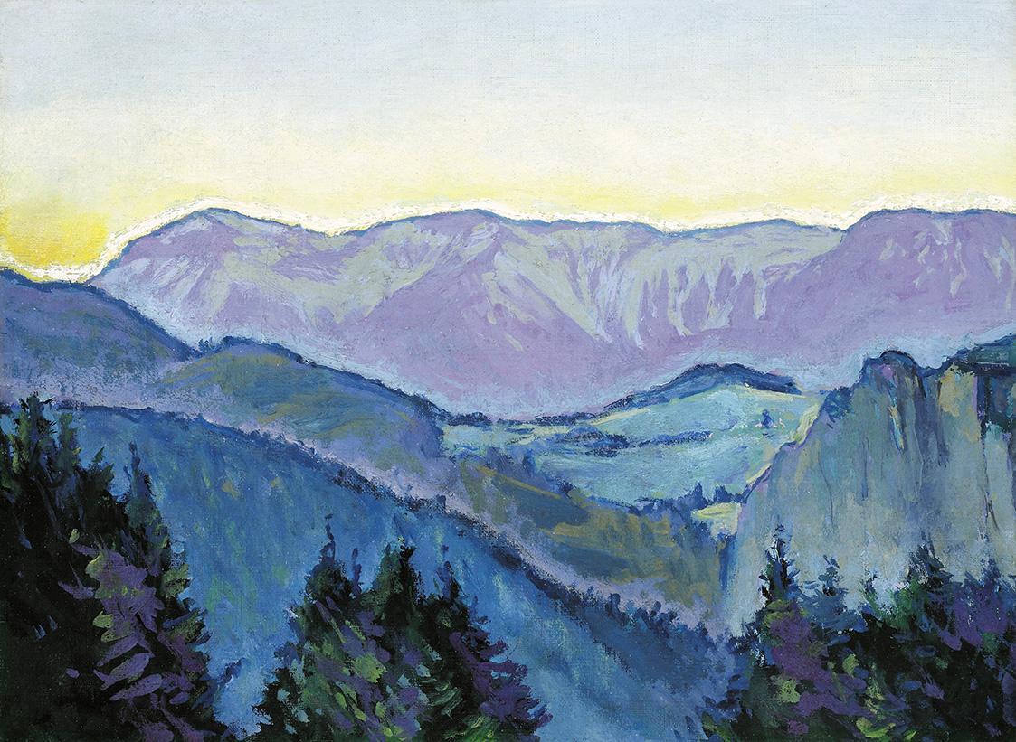 Koloman Moser, Blick auf die Rax von der Villa Mautner v. Markhof im Abendlicht, um 1913, Öl au ...