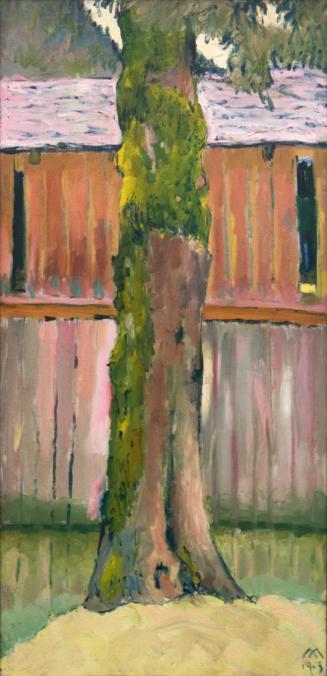 Koloman Moser, Farbenstudie mit Baum vor Bootshaus, 1913, Öl auf Leinwand, 100 × 50 cm, Sammlun ...