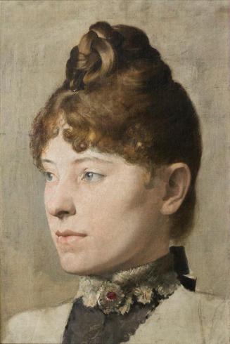 Koloman Moser, Frauenporträt mit aufgesteckten Haaren im Dreiviertelprofil, um 1890, Öl auf Lei ...