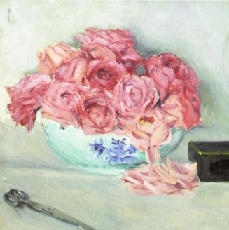 Koloman Moser, Stillleben mit Rosenschale und Schere, 1909, Öl auf Leinwand, 50 × 50 cm, Verble ...