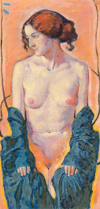Koloman Moser, Stehender weiblicher Akt mit blauem Tuch II, 1913, Öl auf Leinwand, 100 × 50 cm, ...