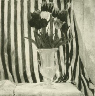 Koloman Moser, Tulpen in Pokalvase vor gestreiftem Vorhang, um 1910, Öl auf Leinwand, Verbleib  ...