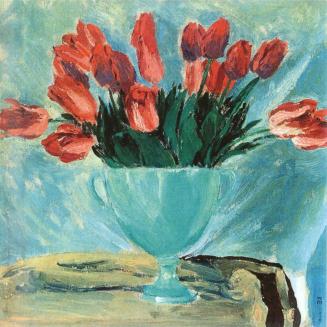 Koloman Moser, Rote Tulpen in Pokalvase, 1910, Öl auf Leinwand, 50 × 50 cm, Verbleib unbekannt