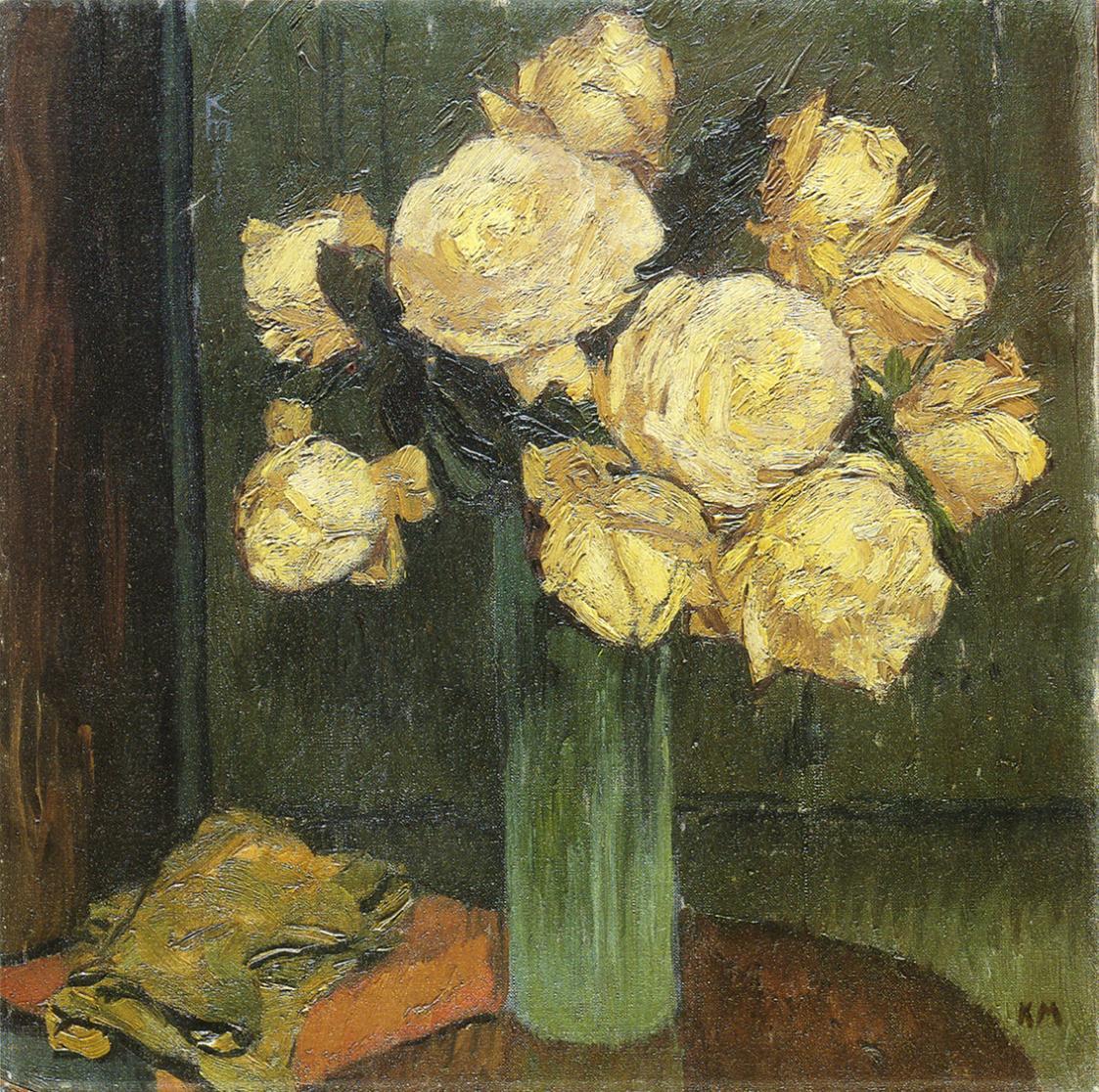 Koloman Moser, Weiße Rosen in zylindrischer Vase, 1910, Öl auf Leinwand, 47,5 × 47,5 cm, Verble ...