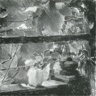 Koloman Moser, Belaubtes Spalier mit Frucht auf Balustrade, 1910, Öl auf Leinwand, Verbleib unb ...
