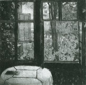 Koloman Moser, Blick aus dem Fenster mit rundem Tisch im Vordergrund, 1910, Öl auf Leinwand, Ve ...