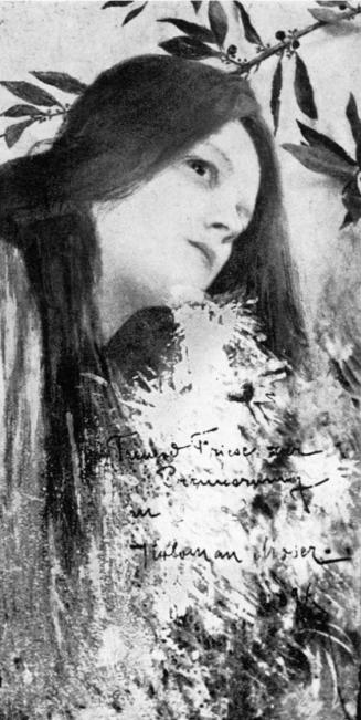 Koloman Moser, Weibliche Allegorie mit Lorbeerzweig, 1896, Öl auf Holz, 18,5 × 9,5 cm, Verbleib ...