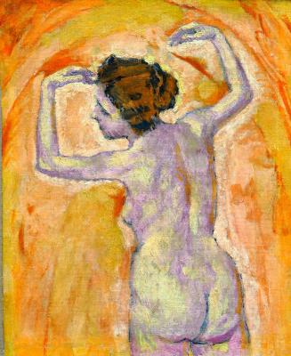 Koloman Moser, Weiblicher Rückenakt mit erhobenen Armen vor Grotte, um 1913, Öl auf Leinwand; L ...