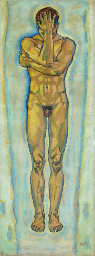 Koloman Moser, Männlicher Akt (gelb und blau), um 1915, Öl auf Leinwand, 215,5 × 80,5 cm, Belve ...