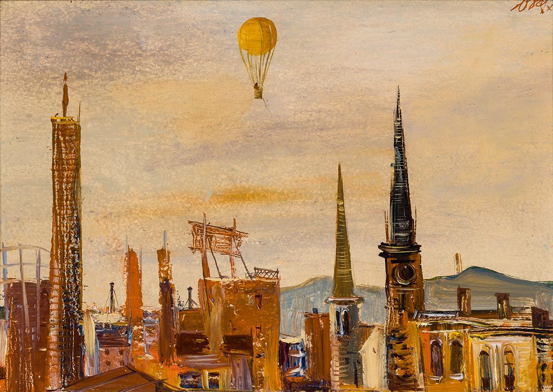 Otto Rudolf Schatz, Wiener Stadtbild mit Ballonfahrer, um 1956, Öl auf Leinwand, 24,5 × 34,5 cm ...