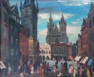 Otto Rudolf Schatz, Der Altstädter Ring mit der Teynkirche in Prag, um 1940, Öl auf Leinwand, 5 ...