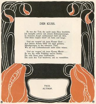 Koloman Moser, Vignette "Der Kuss" von Paul Althof, 1899, Buchdruck in Farbe, Blattmaße: 29 × 2 ...