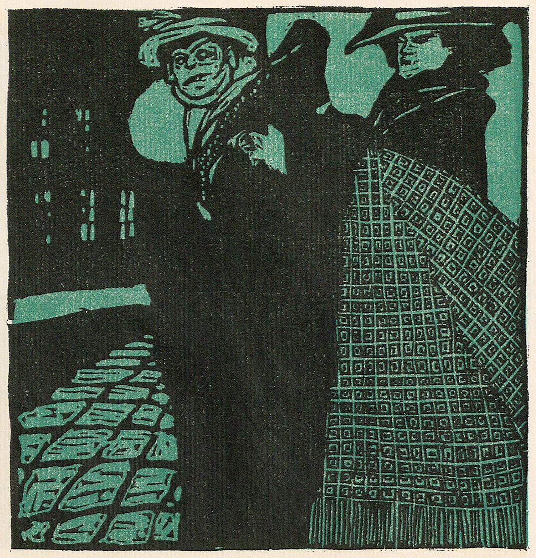 Koloman Moser, Drei Frauen an einer Straßenecke, 1903, Farbholzschnitt, Blattmaße: 25,5 × 23,5  ...