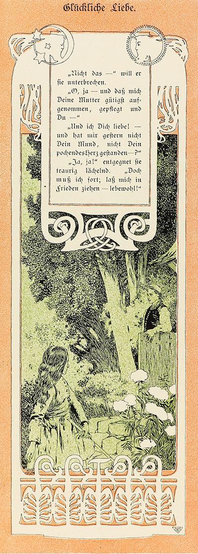 Koloman Moser, IIlustration "Glückliche Liebe", 1898, Buchdruck in Farbe, Blattmaße: 28,5 × 20, ...