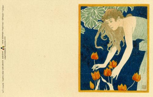 Koloman Moser, Wiener Künstler-Postkarte Serie II / 7, 1898, Farblithografie mit Goldfarbe, Bla ...