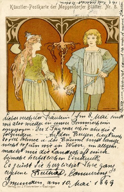 Koloman Moser, Künstler-Postkarte Meggendorfers Humoristische Blätter Nr. 8, 1897, Farblithogra ...