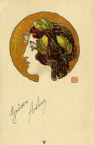 Koloman Moser, Wiener Künstler-Postkarte Serie II / 6, 1898, Farblithografie mit Goldfarbe, Bla ...