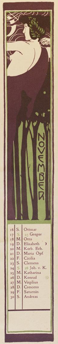 Koloman Moser, November, 1901, Farblithografie, Blattmaße: 43 × 9,5 cm, Universität für angewan ...